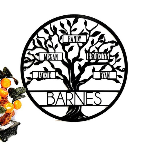 Family tree metal wall decor custom sign for mom, personalized with names and anniversary date, powder-coated black, round. | Family Wall Decor