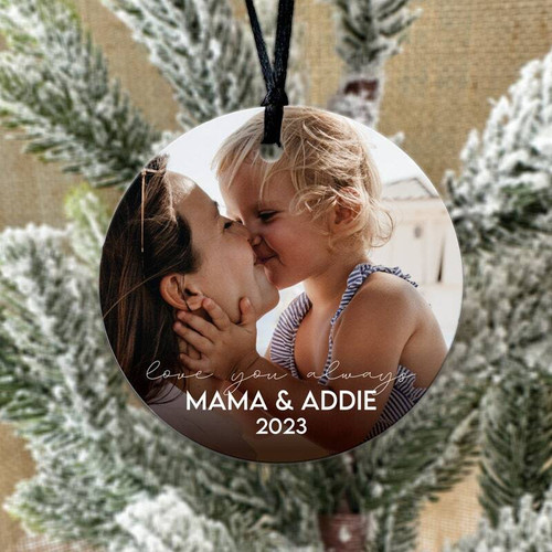 Mother daughter holiday ornament, personalized keepsake gift from Dad with custom names and date, round design, red ribbon | Family Wall Decor