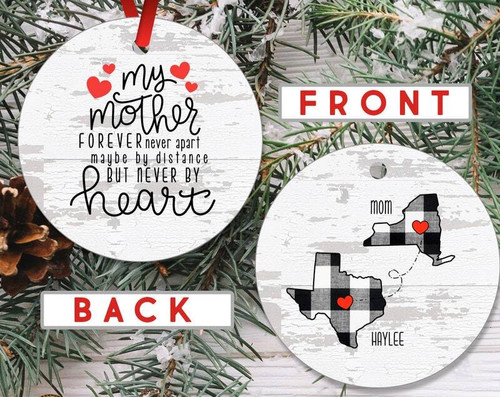 Mother-daughter long-distance bond ornament in farmhouse style, moving away gift celebrating connection across miles | Familywalldecor