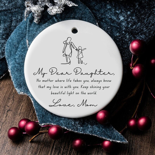 Mother daughter art ceramic ornament, personalized with names and year, round finish, Christmas gift from mom to daughter | Familywalldecor