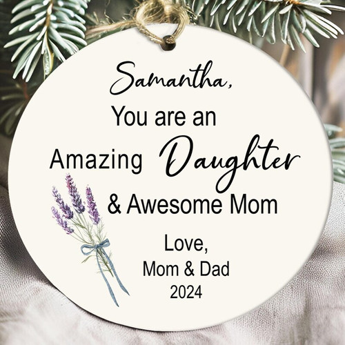 Mother daughter art Christmas ornament, personalized with names and year; keepsake gift from Mom and Dad, round ceramic | Familywalldecor