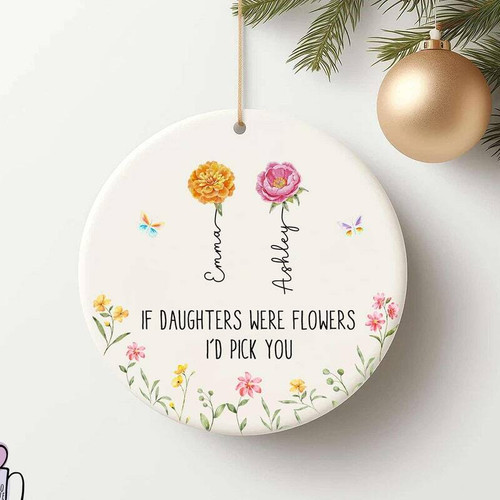 Mother daughter ornament with touching art, personalized with names and date; heartfelt Christmas keepsake gift from mom. | Familywalldecor