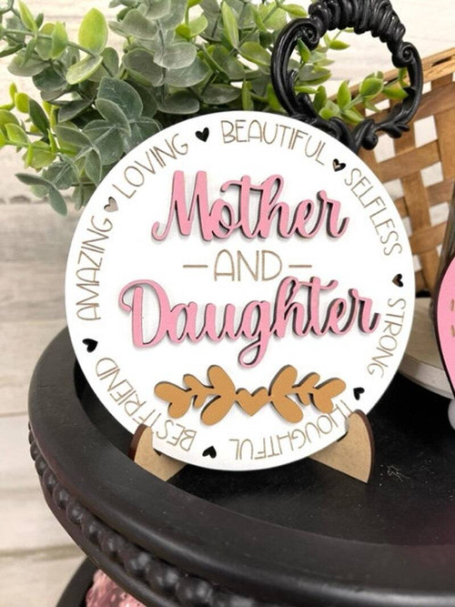 Mother daughter art 3D wood sign with layered cutout, perfect for farmhouse tiered tray decor and rustic cottage accents. | Familywalldecor
