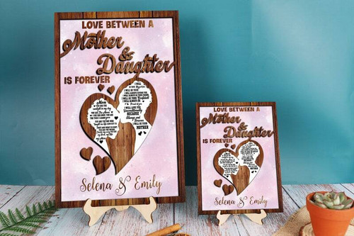 Mother daughter laser-cut wood sign with heart motif, personalized names and date, walnut finish elegant wall decor | Family Wall Decor