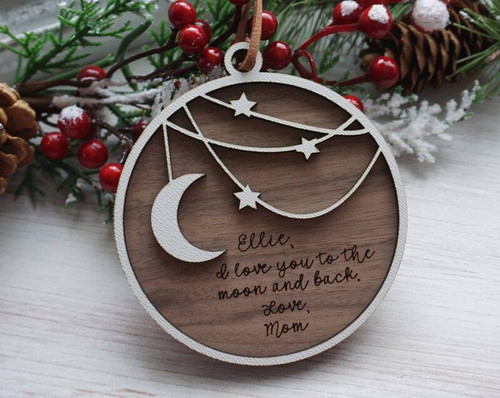 Mother daughter wooden ornament featuring moon and back design, personalized with names and date, heartfelt keepsake gift | Familywalldecor