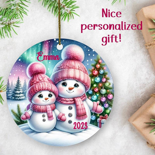 Mother daughter ornament with pink snowman art, personalized names and 2024, heartfelt Christmas tree keepsake gift. | Familywalldecor