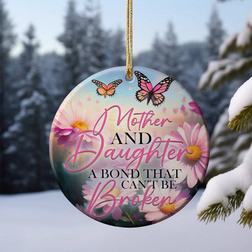 Heartfelt mother daughter art ornament, round ceramic with watercolor embrace, red ribbon hanger, Christmas tree gift | Familywalldecor
