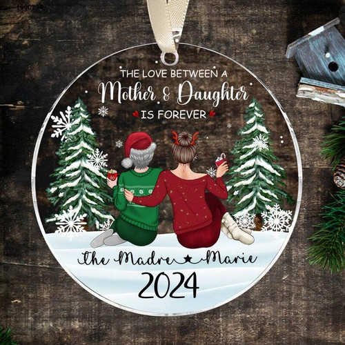 Mother daughter love Christmas ornament, heart-shaped wood with engraved names and date, red ribbon, personalized gift | Family Wall Decor