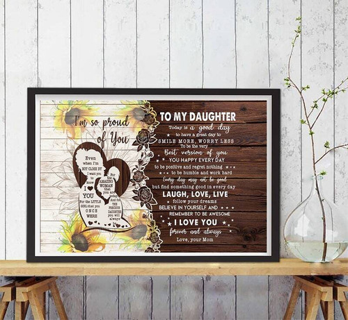 Mother daughter art canvas for living room with 'Proud of you, Mom' quote, minimalist typography, neutral tones, horizontal | Family Wall Decor