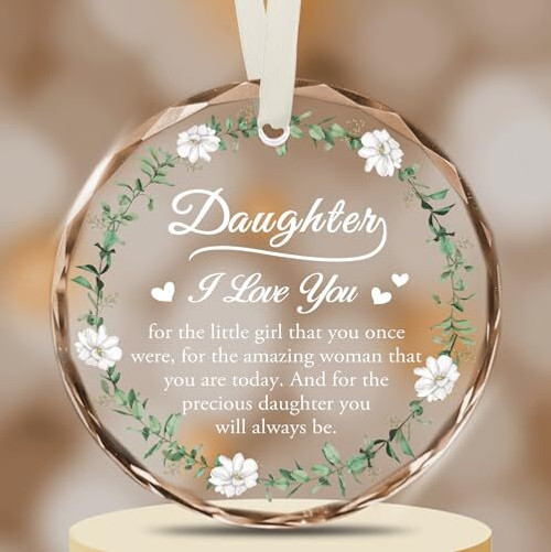 To my daughter round Christmas ornament gift from mom, glossy ceramic with gold accents, red ribbon, hanging on tree | Family Wall Decor