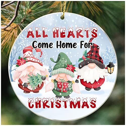 Gnome Christmas ornament clear acrylic hanging decor, round laser-etched design, red ribbon, gift for friends & family | Familywalldecor
