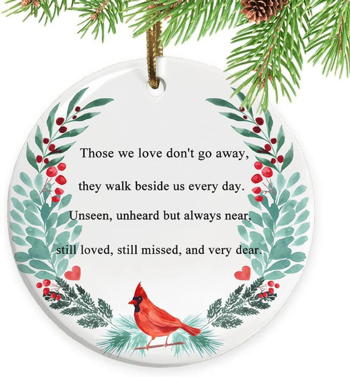 Memorial cardinal Christmas ornament in red glass round design with gold ribbon and memorial quote, a loving sympathy gift | Familywalldecor