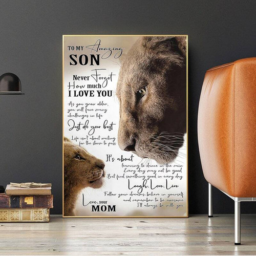 Mother son lion motivational wall art for living room, personalized with custom names, lioness and cub in earthy tones | Family Wall Decor