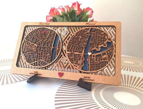 Personalized 3D wooden location map wall art with heart-shaped city cut, engraved names and wedding date, anniversary gift | Familywalldecor