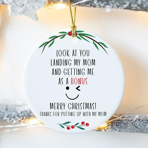 Funny step dad Christmas ornament, round ceramic with red ribbon, witty slogan, gift from stepdaughter or stepson for tree | Familywalldecor