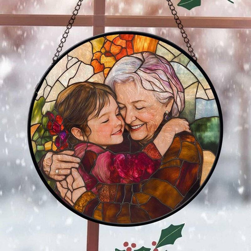 Personalized grandma portrait stained glass suncatcher with heart-shaped brass frame, amber and rose glass, custom photo | Familywalldecor