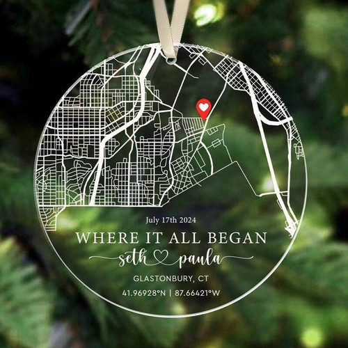 Where we met location map acrylic ornament for couples, personalized with your place and names, sweet engagement gift for the tree | Family Wall Decor