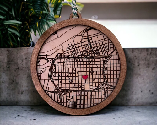 Where We Met city grid map wooden ornament, personalized with your location; engagement gift for couples, laser-engraved | Familywalldecor