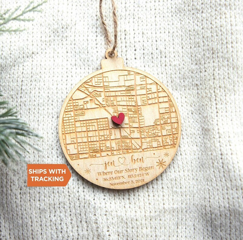 Where We Met location map personalized ornament with custom map pin, names and date; heartfelt engagement gift for couples | Familywalldecor