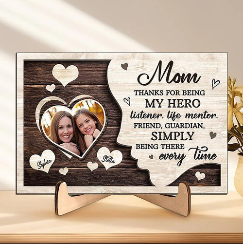 Heartfelt mother son wooden sign with custom photo and names, thoughtful Mother's Day gift and living room wall decor piece | Familywalldecor
