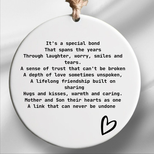 Touching mother and son ceramic ornament keepsake, personalized with names and date, neutral for mom's living room wall | Familywalldecor