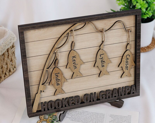 Dad fishing plaque with twine hanger and hook motif, personalized with kids' names; Father's Day gift for living room decor | Familywalldecor