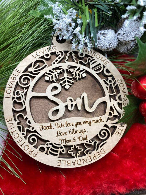 Mother-son wooden ornament for Christmas, personalized with custom name and year; holiday gift and tree decor for mom | Familywalldecor
