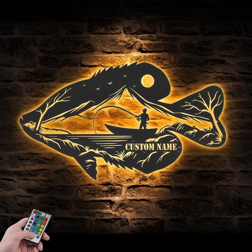 Dad fishing LED metal sign with crappie design, personalized with family name; backlit decor and birthday gift | Familywalldecor