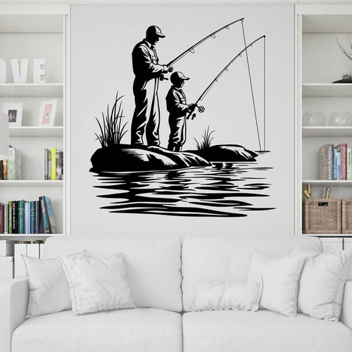 Father and son fishing metal sign, rustic black steel lake silhouette, personalized names, thoughtful Father's Day gift | Familywalldecor