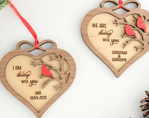 Memorial Christmas ornament, wooden keepsake personalized with names and dates, honoring Dad and Mom with a family tribute | Familywalldecor