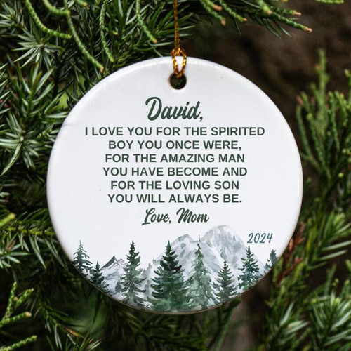 Christmas mother and son ornament with personalized names and year, custom wording; heartfelt gift for mom, tree keepsake | Familywalldecor
