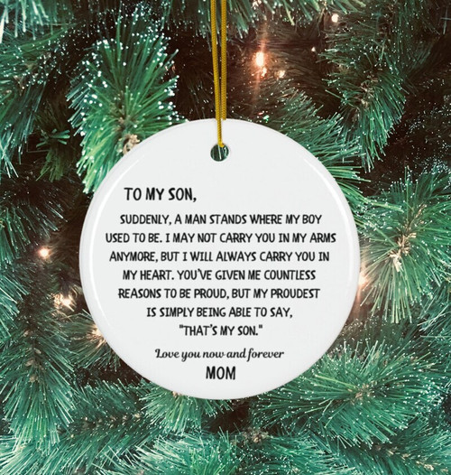 Mother son Christmas ornament with I love you script, custom names and date, heartfelt gift for the holiday tree | Familywalldecor
