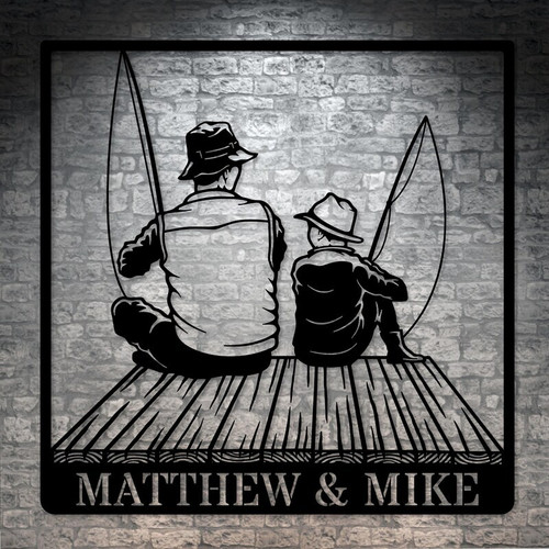 Dad fishing metal wall art, custom Father’s Day wall decor for fishermen; metal silhouette gift for dads who love to fish | Familywalldecor