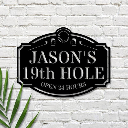 Dad golf 19th Hole metal sign, laser-cut steel with crossed clubs and beer mug, personalized family name, man cave bar decor | Familywalldecor