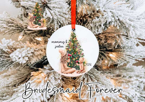 Mother son Christmas ornament, round ceramic with red ribbon and snowflakes, gift for mom to hang on the Christmas tree | Familywalldecor