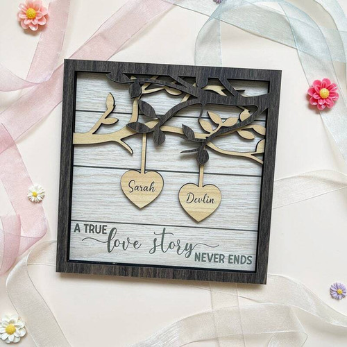 Personalized anniversary wooden sign with couple names, date, and 'A True Love Story Never Ends'; rustic gift for couples. | Family Wall Decor