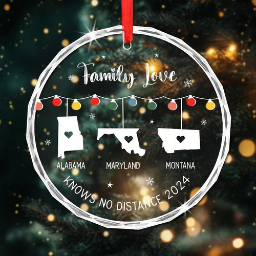 Long-distance family Christmas ornament with custom state outlines and heart path, personalized names and year for relatives | Familywalldecor