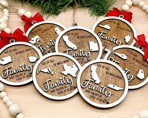 Long-distance family wooden ornament, personalized with names and year; Christmas tree decor and gift for relatives apart | Familywalldecor