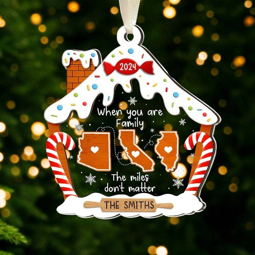 Long-distance family ornament for Christmas, custom keepsake with names, locations, and year celebrating loved ones far apart | Familywalldecor