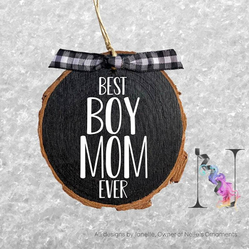 Boy mom ornament, rustic wood slice wall art in farmhouse style with mother and son heart design, ready to hang home decor | Familywalldecor
