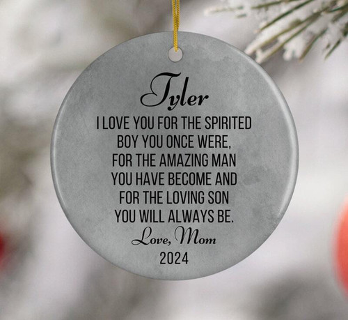 Mother and son Christmas ornament, personalized with names and year, heartfelt message from mom; gift for son this holiday | Familywalldecor