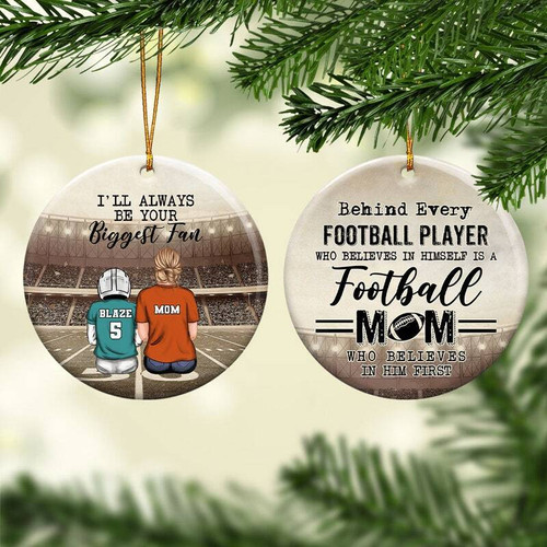 Football Christmas ornament personalized with son’s name and jersey number, gift from a football mom for the tree | Familywalldecor