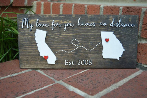 Long distance family wood sign with connected states; custom established year, Valentine's Day gift for grandparents | Family Wall Decor