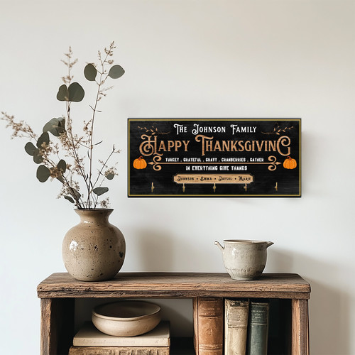 Rustic Thanksgiving key holder for wall, personalized family name and date on wood plaque with hooks for entryway | Familywalldecor