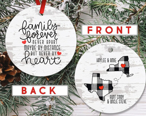 Long-distance family Christmas ornament with two states linked by a heart, meaningful gift for parents and tree keepsake | Familywalldecor