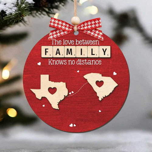 Heartfelt long-distance family gift wooden Christmas ornament, engraved two homes, heart path, custom names and year, round | Familywalldecor