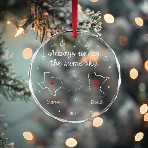 Long-distance couples Christmas ornament with Always Under the Same Sky design, personalized with names and two locations | Familywalldecor