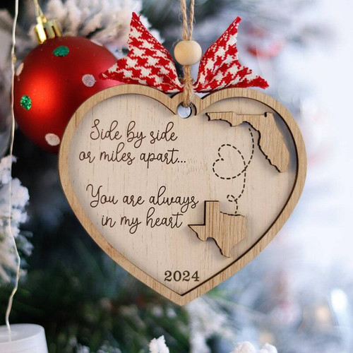 Long distance family wooden ornament, personalized with names and locations, meaningful moving away gift for friends or grandparents across miles | Familywalldecor