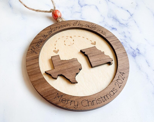 Long-distance family gift wooden ornament, rustic round with engraved heart, twine hanger, for friends and neighbors | Familywalldecor