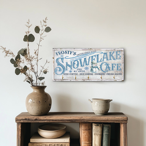 Frosty's Snowflake Café winter key holder personalized with family name, rustic wood 4-hook wall rack for Christmas decor | Familywalldecor